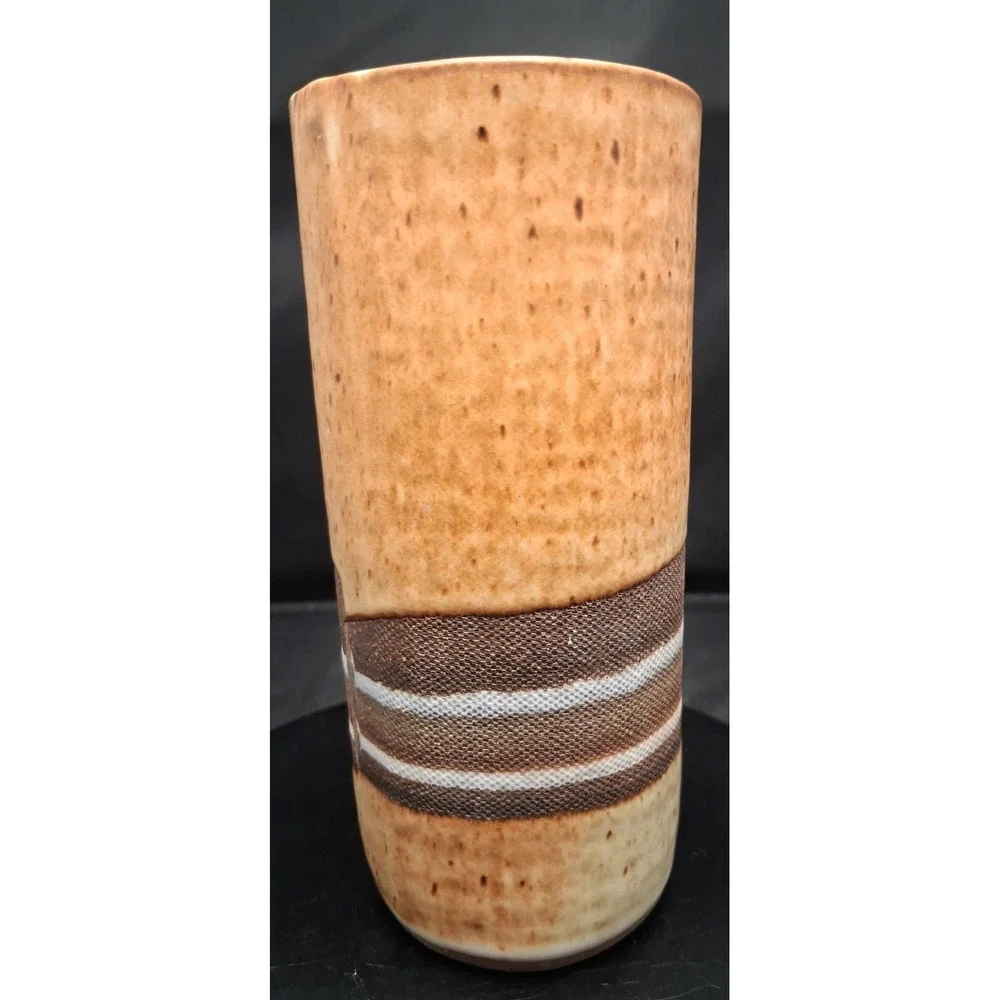 Signed Vintage Studio Pottery Stoneware Vase with Striped Band 5 3/4